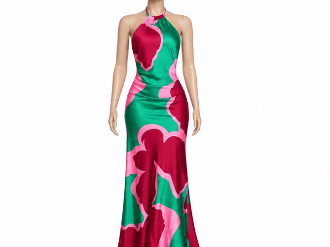 Robe longue dos nu à imprimé floral vert et rose.