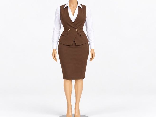 Ensemble tailleur jupe marron avec chemise blanche.