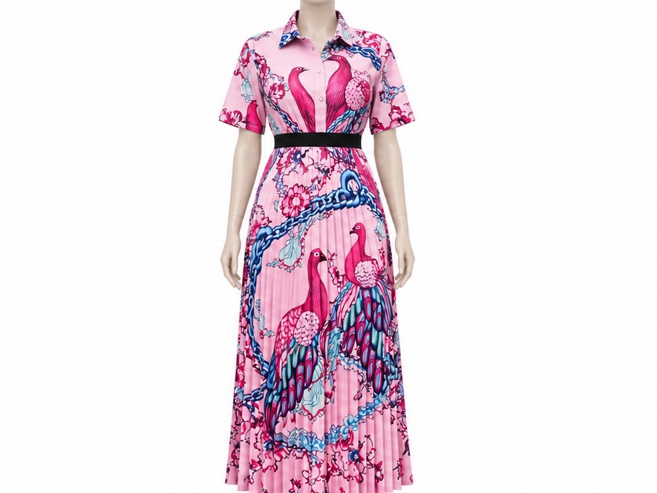 Robe chemise longue rose plissée à imprimé oiseaux.