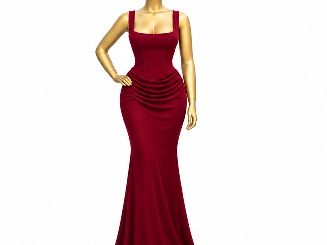 Robe longue sirène bordeaux à décolleté carré.