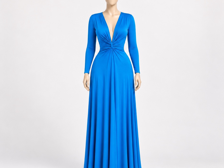 Robe longue de soirée bleu vif à taille drapée.