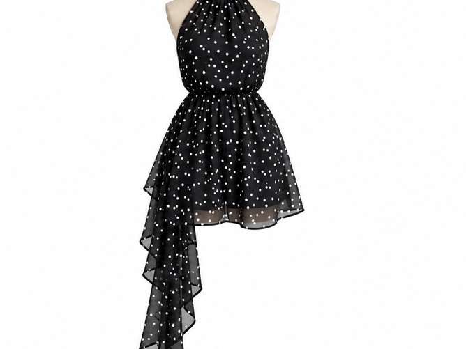 Robe courte noire à pois blancs avec drapé asymétrique.