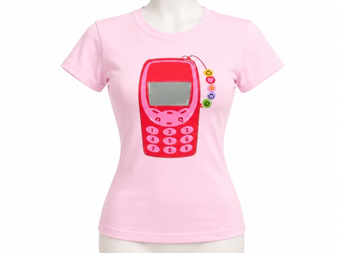Tee-shirt femme rose à imprimé téléphone vintage.