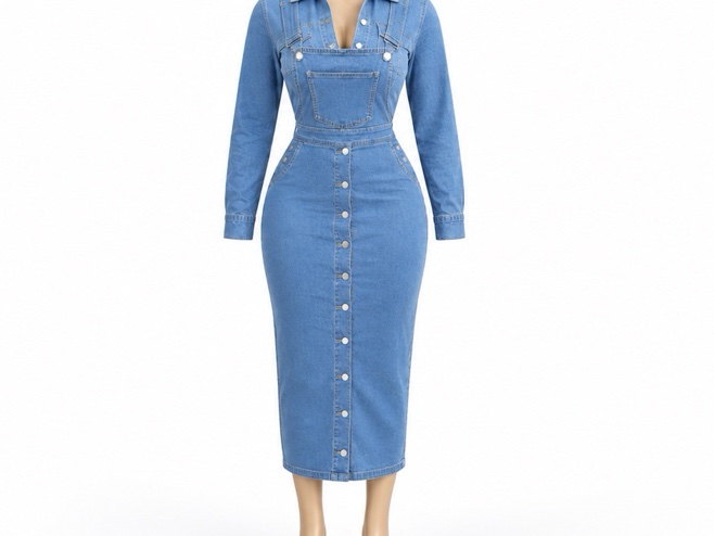 Robe midi ajustée en denim bleu à manches longues.