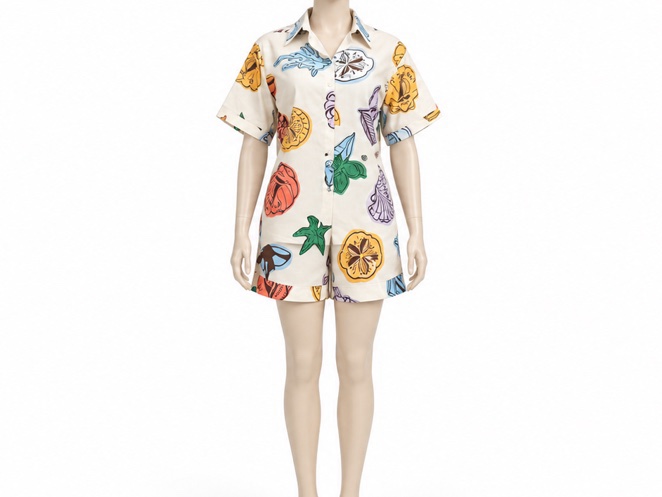 Ensemble chemise et short beige à imprimés multicolores.