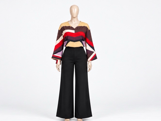 Ensemble blouse géométrique multicolore et pantalon large noir.