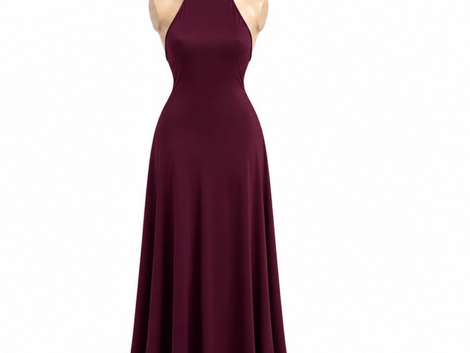 Robe longue bordeaux à col américain et dos nu.