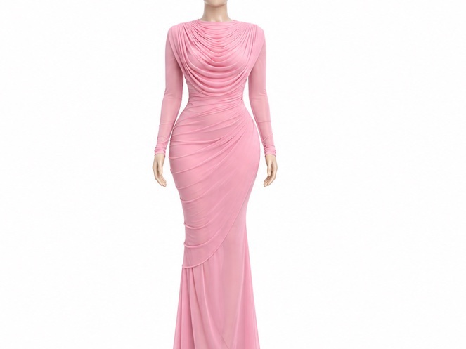 Robe longue moulante à drapés superposés.