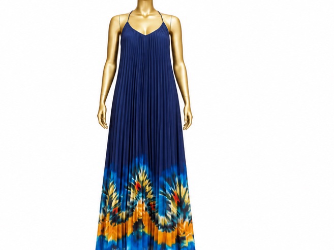 Robe longue plissée bleu marine à imprimé tropical.