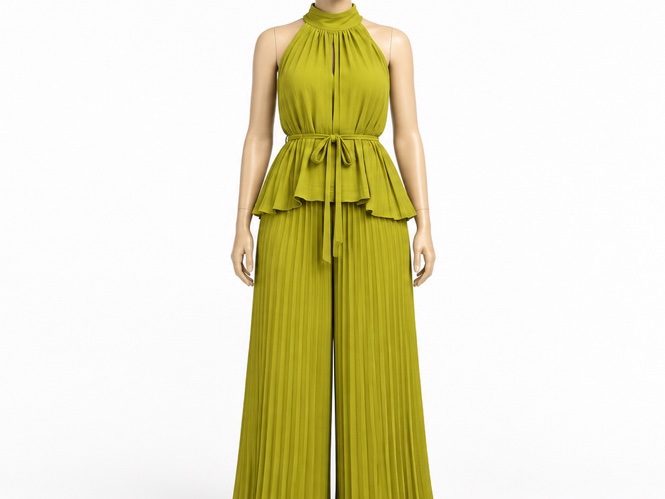 Ensemble deux pièces plissé vert olive avec pantalon large.
