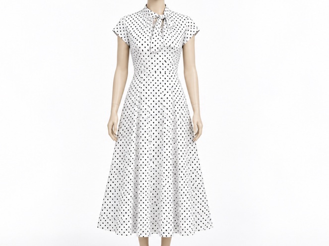 Robe midi blanche à petits pois noirs.