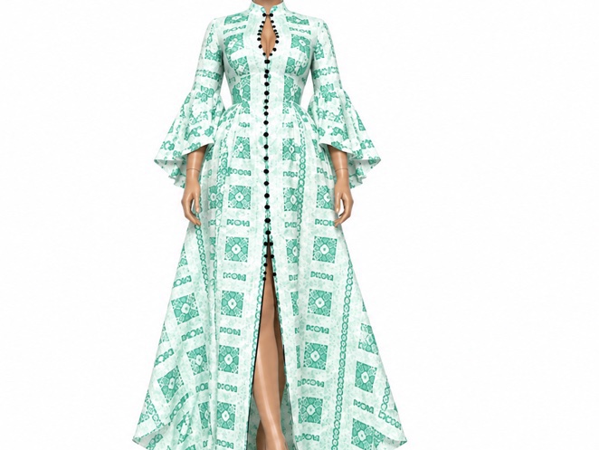 Robe longue élégante à manches évasées et motifs géométriques.