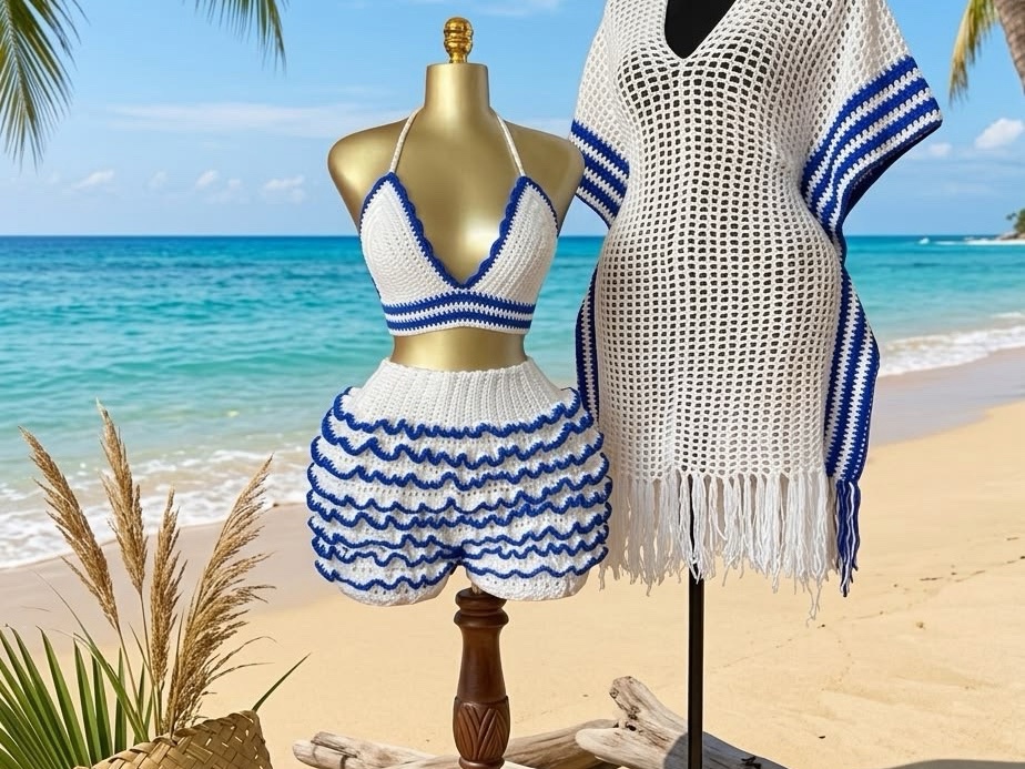 Ensemble crochet bleu et blanc – Maillot de bain & tunique