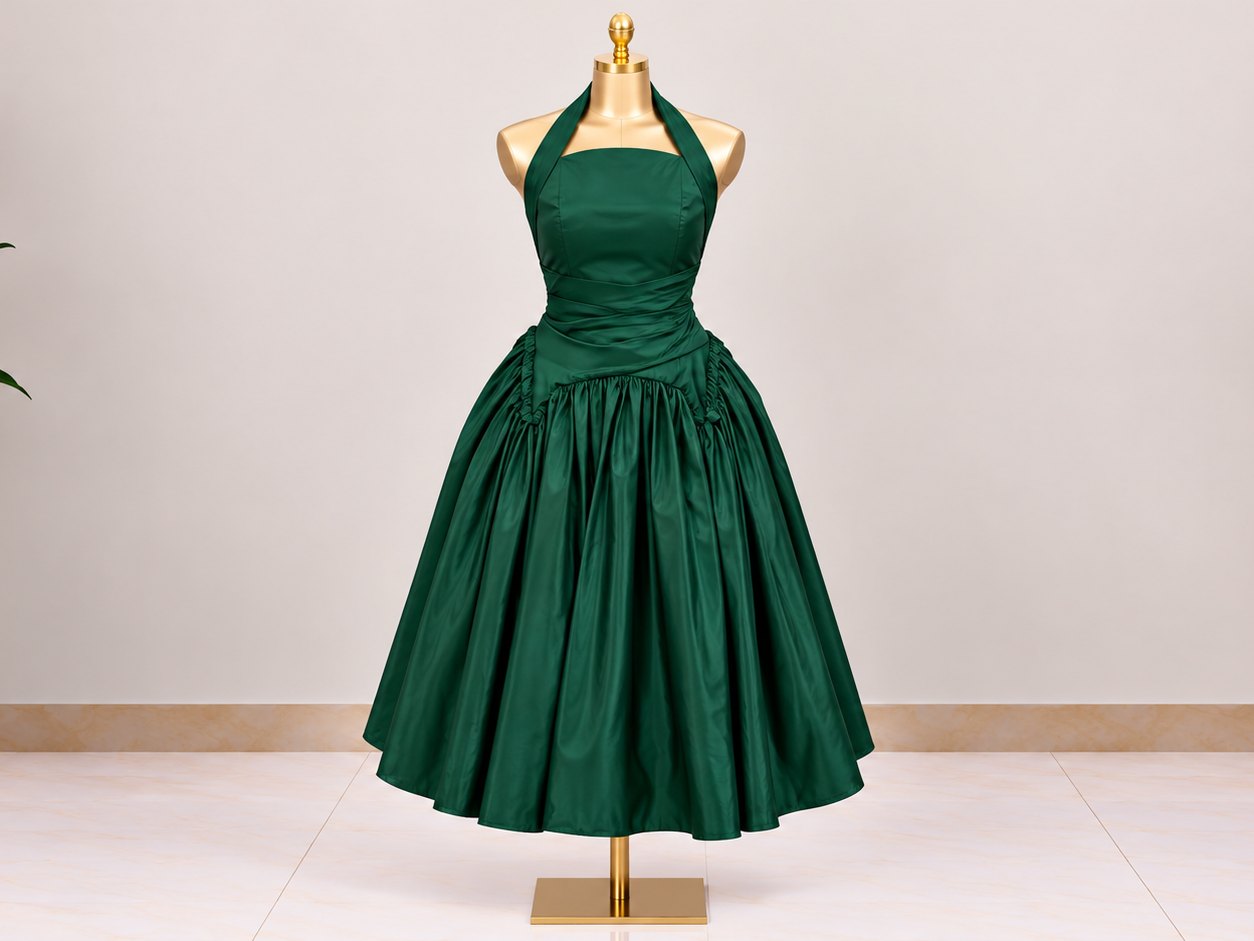 Emerald Green Halter Neck Ruched Flare