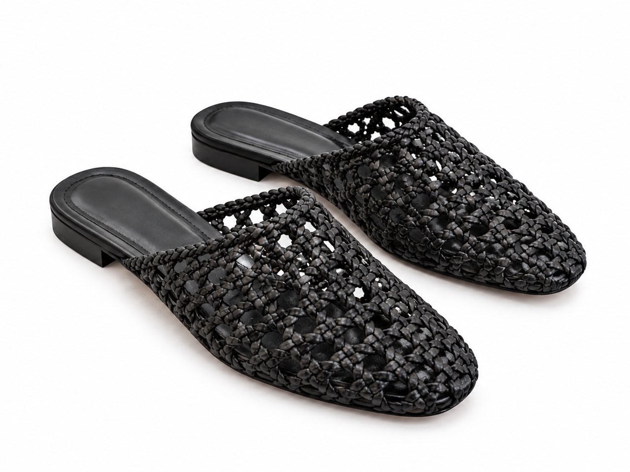 Black Woven Flat Mule Slippers.