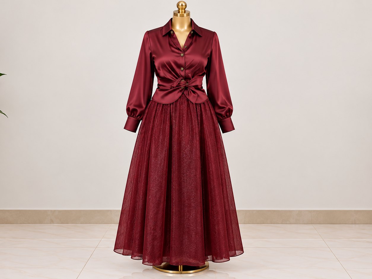 Burgundy Satin Blouse and Flared Maxi Skirt Set