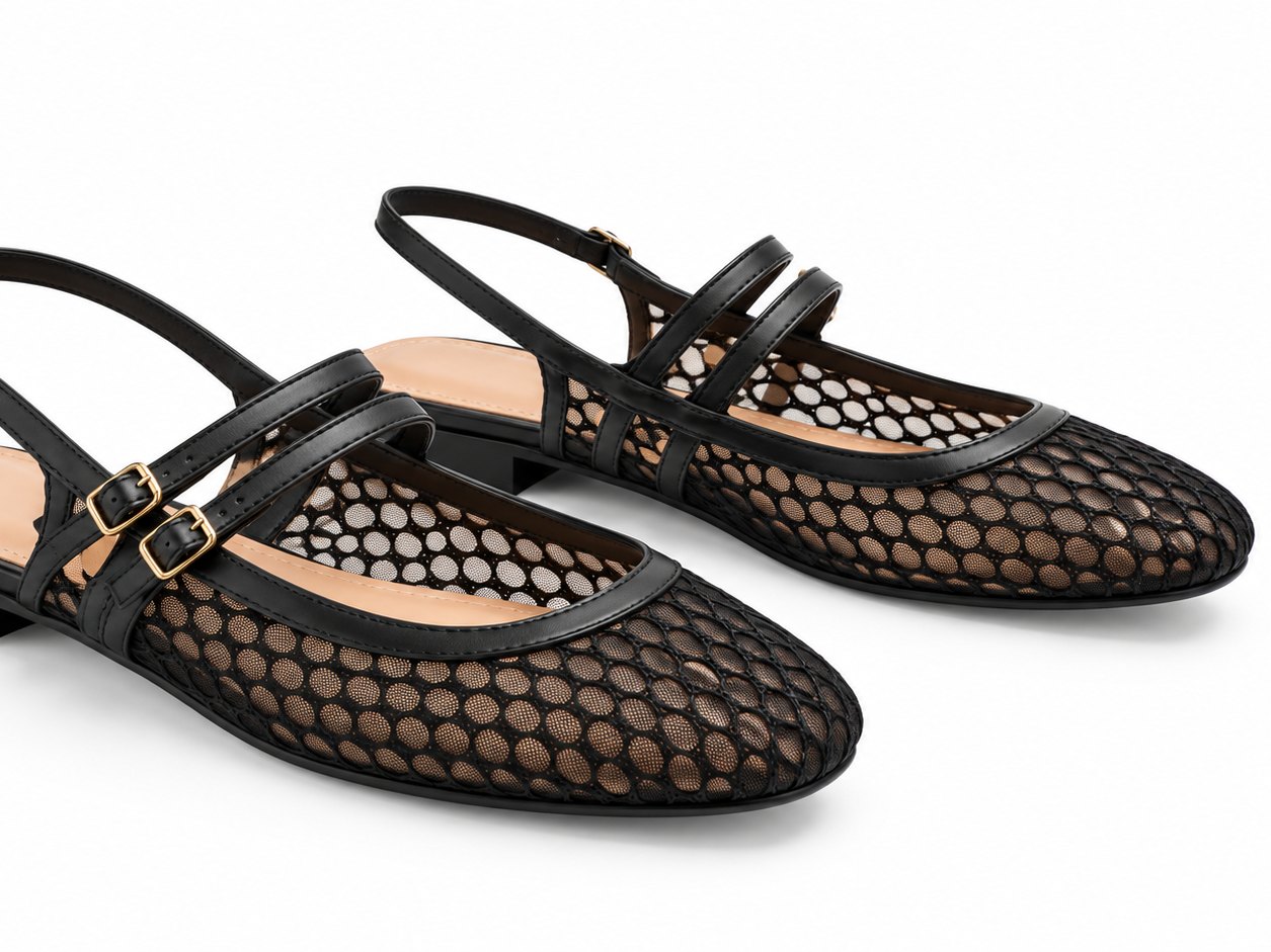Black Mesh Double-Strap Mary Jane Slingback Flats.
