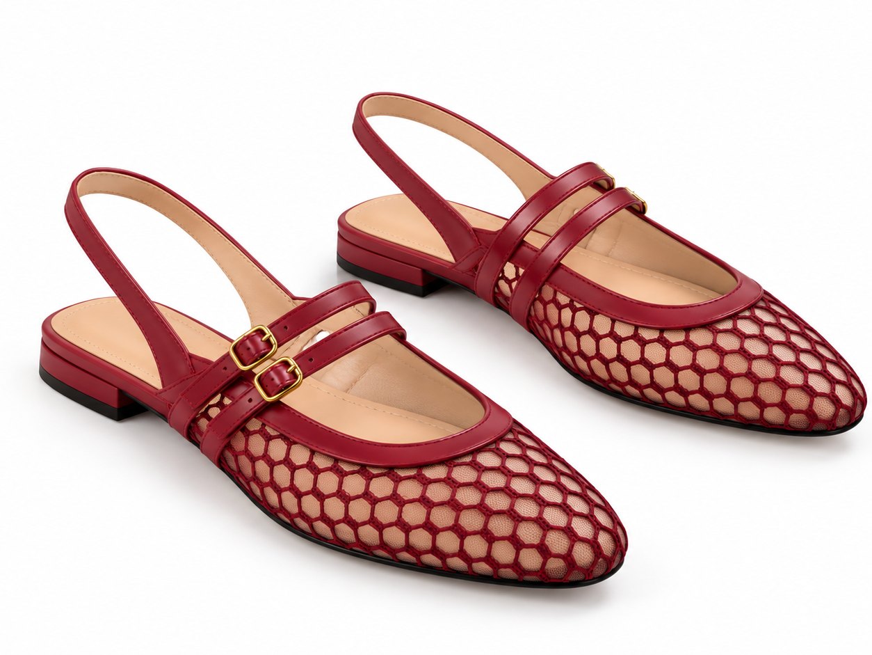 Burgundy Mesh Double-Buckle Slingback Flats