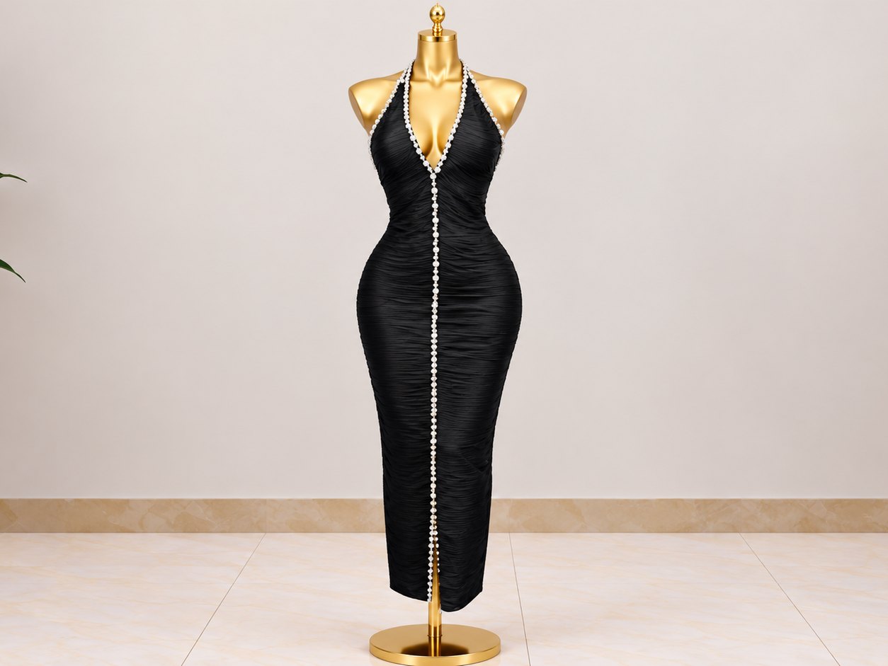 Black Halter Neck Ruched Maxi Dress with Crystal Trim