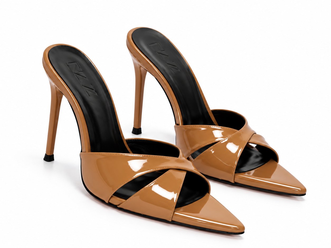 Elegant Tan Patent Stiletto Heel Mules.