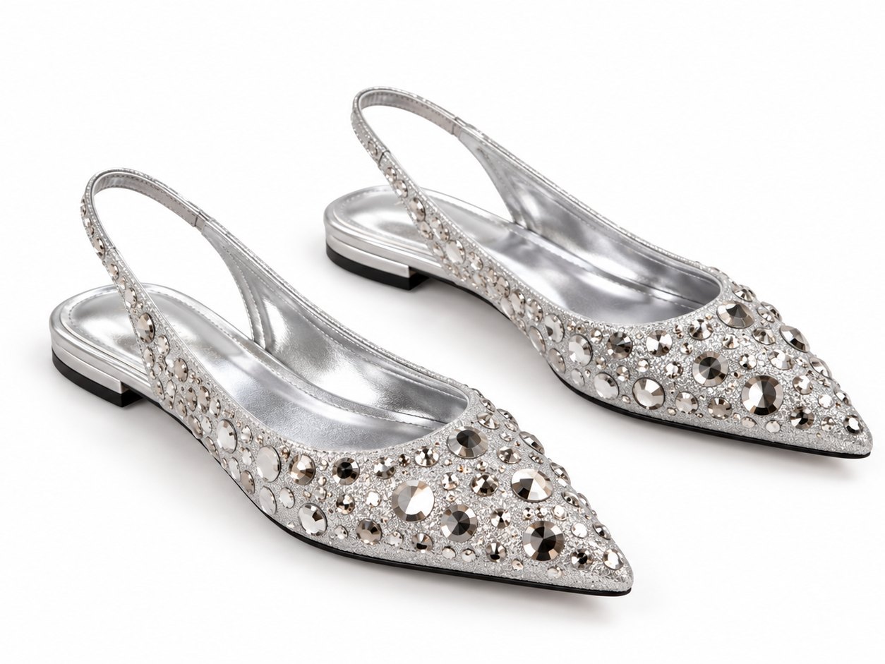 Gold Studded Pointed-Toe Slingback Flats